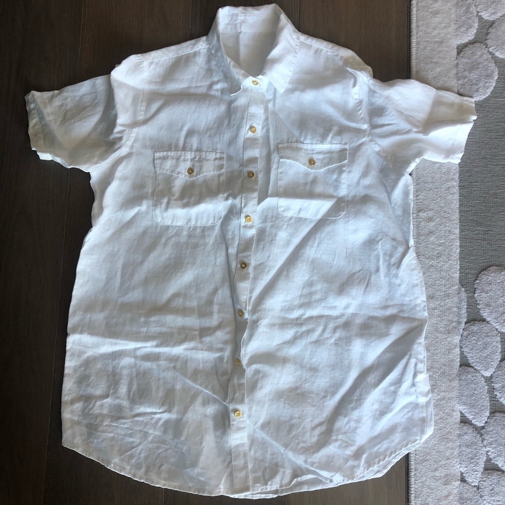 New ellen Tracy white linen button down shirt size small short sleeve blouse
